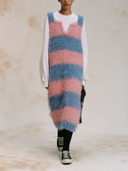 Pink Blue Striped Fuzzy Knit Sleeveless Midi Pinafore Dress
