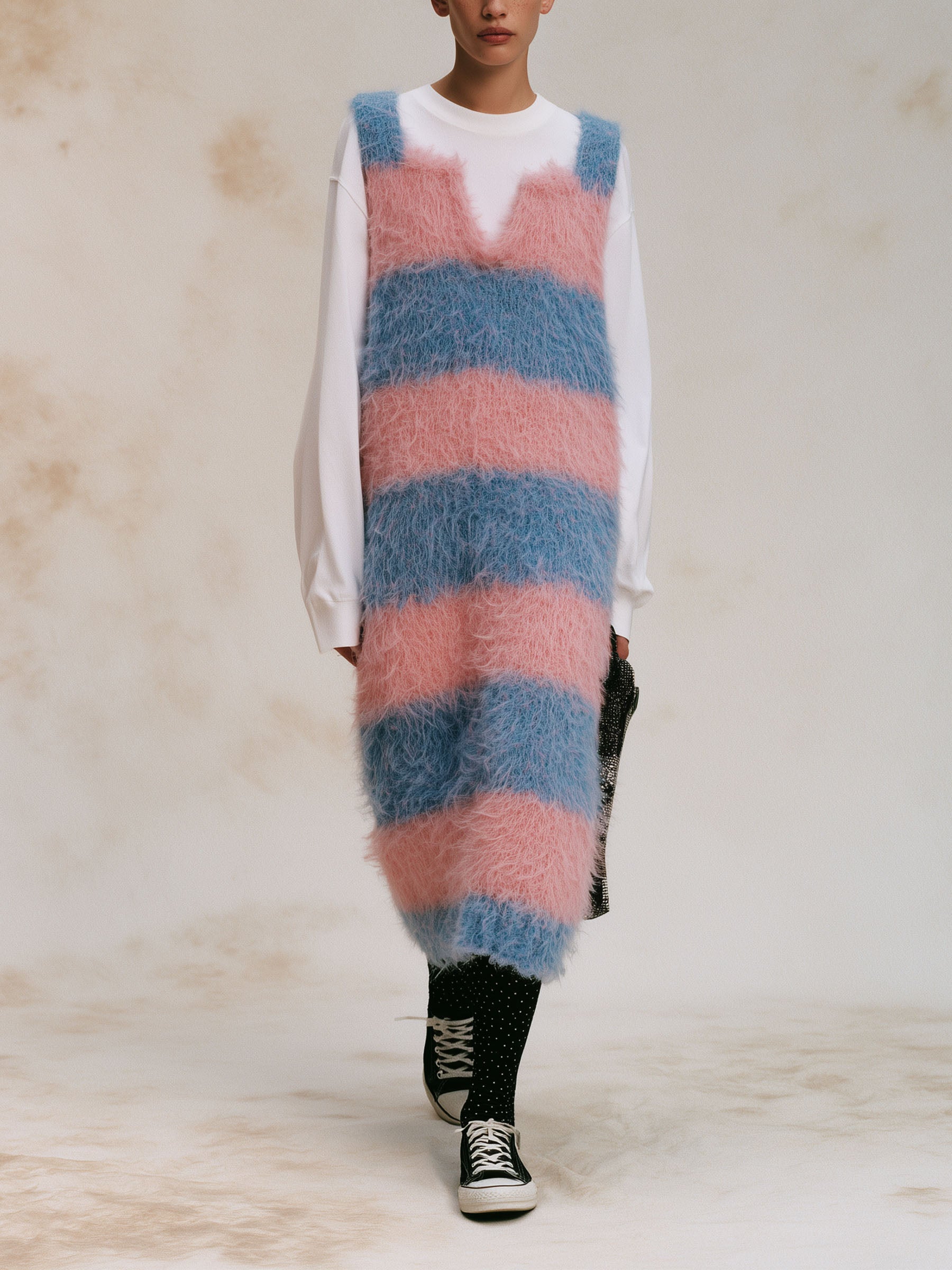Pink Blue Striped Fuzzy Knit Sleeveless Midi Pinafore Dress