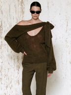 Asymmetric Off Shoulder Knotted Mohair Sweater