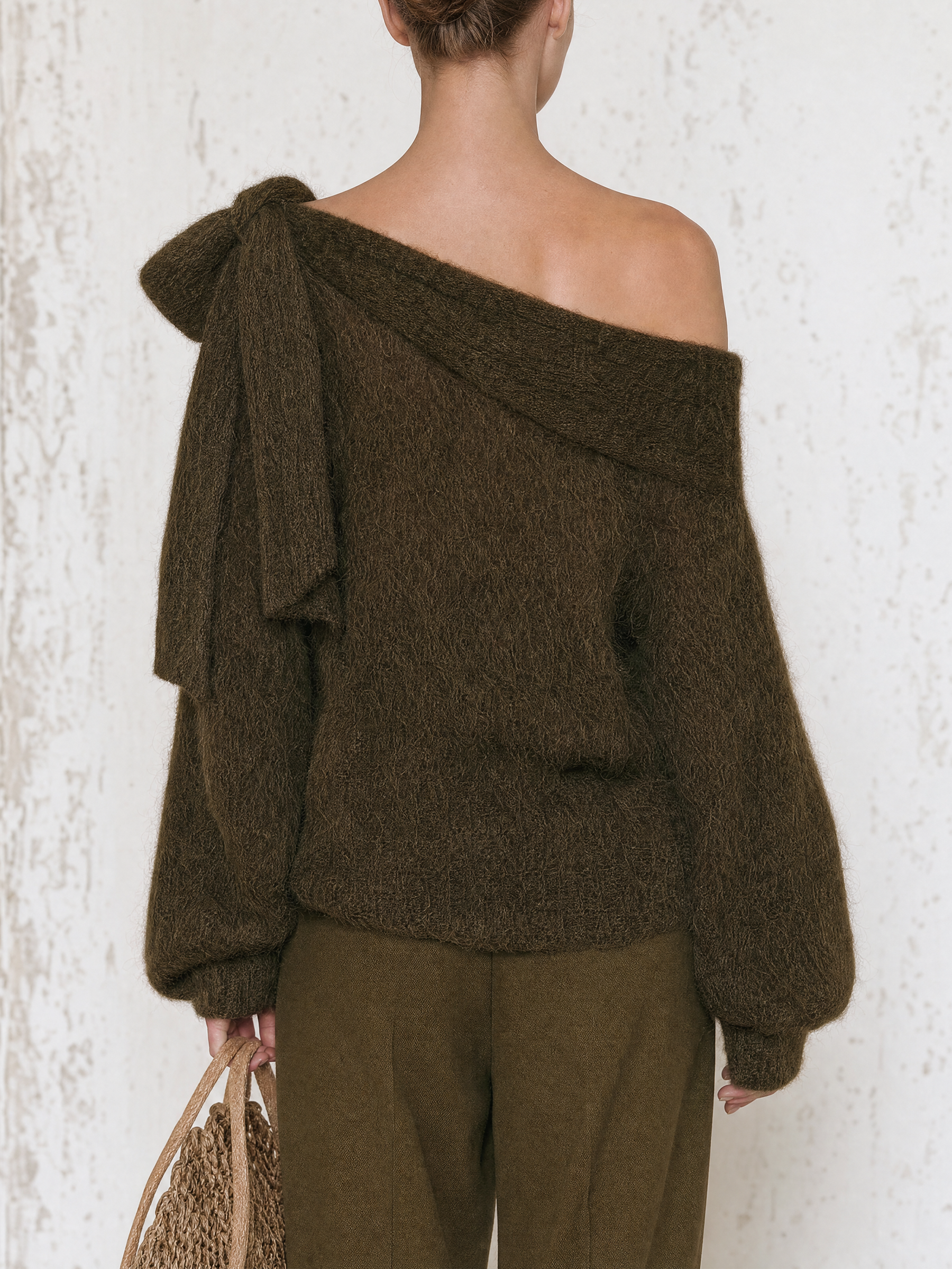 Asymmetric Off Shoulder Knotted Mohair Sweater