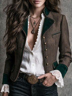 Vintage Country Herringbone Blazer With Velvet Collar Cuff