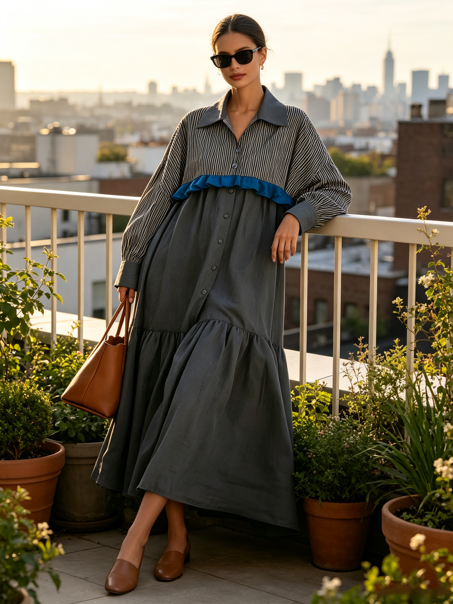 Contrast Striped Yoke Ruffled Tiered Shirt Maxi Dress