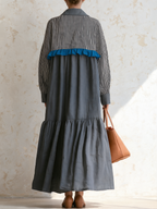 Contrast Striped Yoke Ruffled Tiered Shirt Maxi Dress