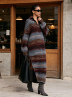 Oversized Collared Striped Knit Maxi Dress, Side Slit Sweater Dress