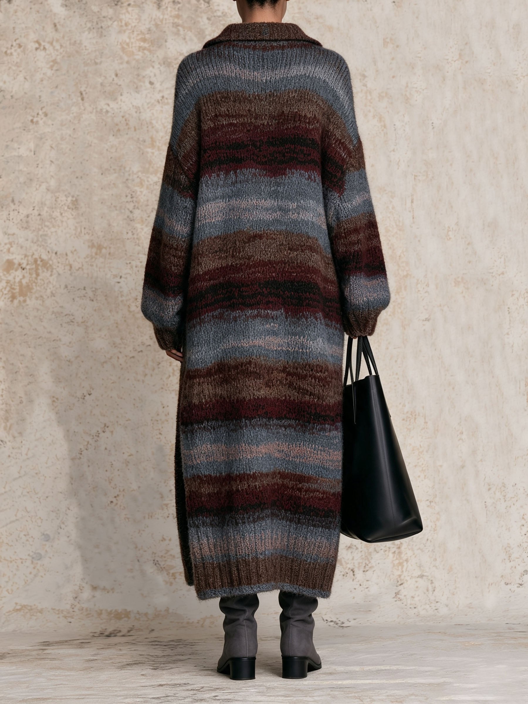 Oversized Collared Striped Knit Maxi Dress, Side Slit Sweater Dress