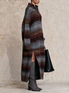 Oversized Collared Striped Knit Maxi Dress, Side Slit Sweater Dress