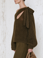 Asymmetric Off Shoulder Knotted Mohair Sweater