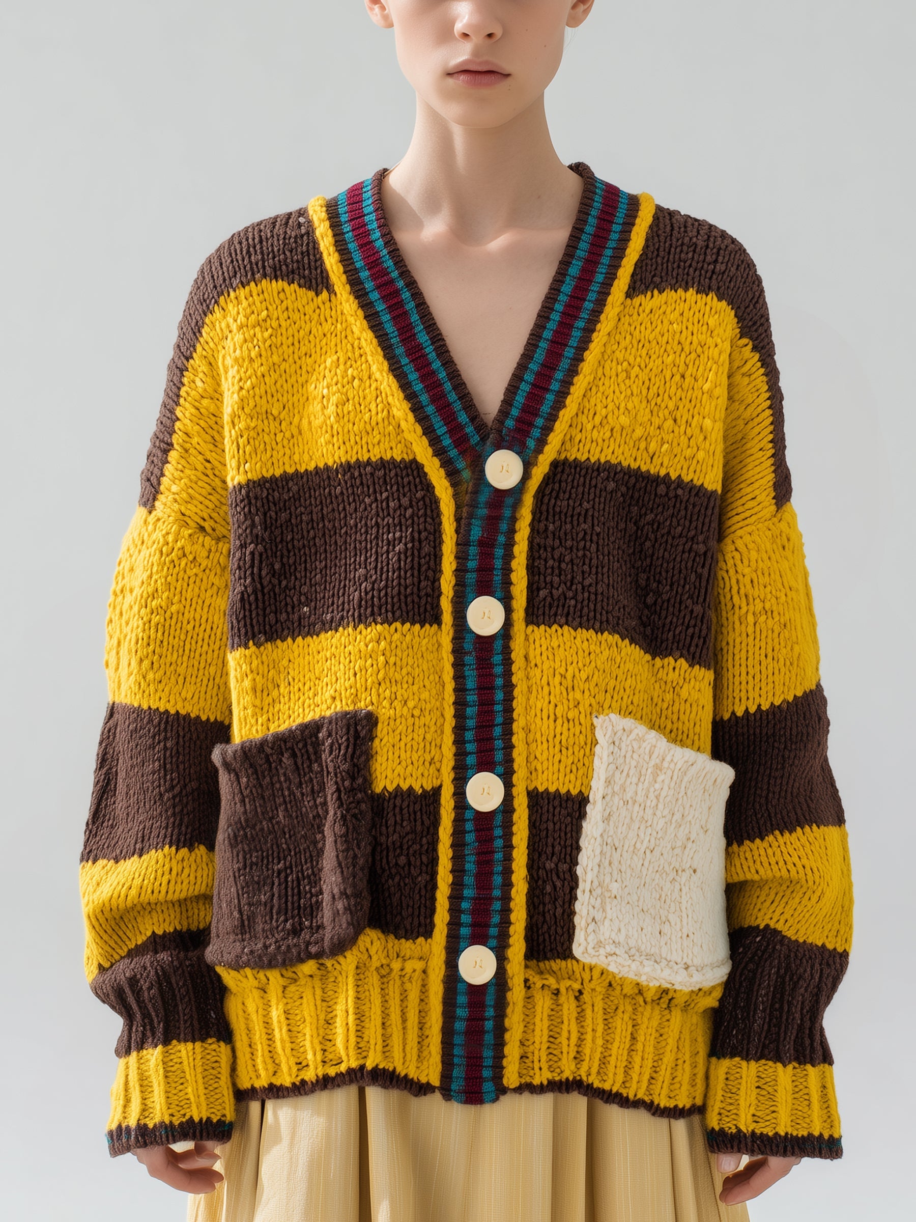 Women's Retro Striped Chunky Knit Cardigan With Patch Pockets