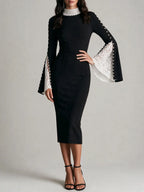 Elegant High Neck Lace Bell Sleeve Pencil And Pearl Embellished Midi Dress