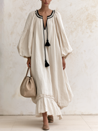 Cream Linen‑Blend Boho Tassel Tie Ruffled Hem Maxi Dress