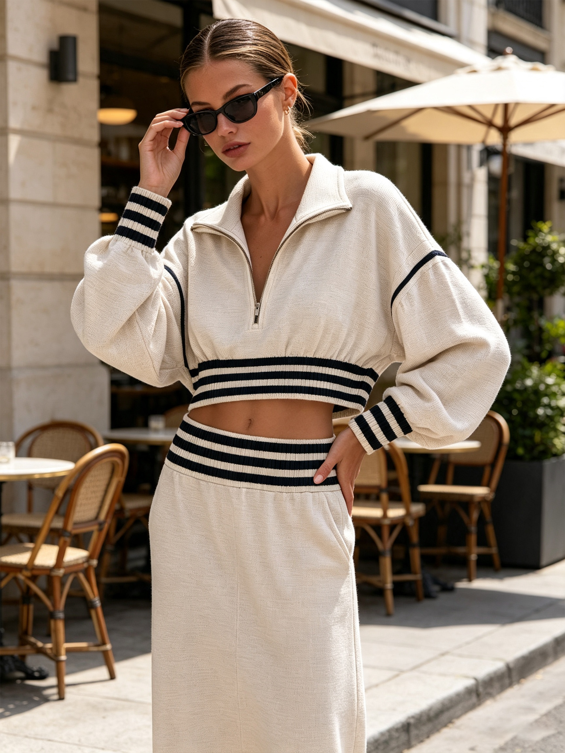 Striped Trim Half Zip Cropped Sweatshirt & Midi Skirt Two Piece Set