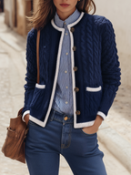 Navy Cable-Knit Contrast-Trim Button-Front Cropped Resort Knit Cardigan