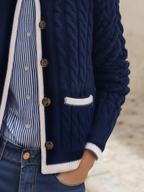 Navy Cable-Knit Contrast-Trim Button-Front Cropped Resort Knit Cardigan