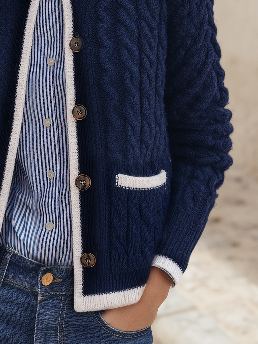 Navy Cable-Knit Contrast-Trim Button-Front Cropped Resort Knit Cardigan