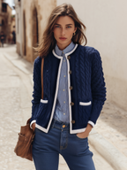 Navy Cable-Knit Contrast-Trim Button-Front Cropped Resort Knit Cardigan