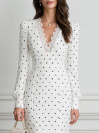 White V-Neck Polka Dot Lace-Trim Mermaid Midi Dress