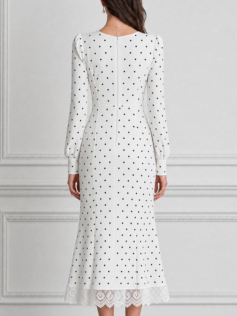 White V-Neck Polka Dot Lace-Trim Mermaid Midi Dress