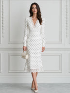 White V-Neck Polka Dot Lace-Trim Mermaid Midi Dress
