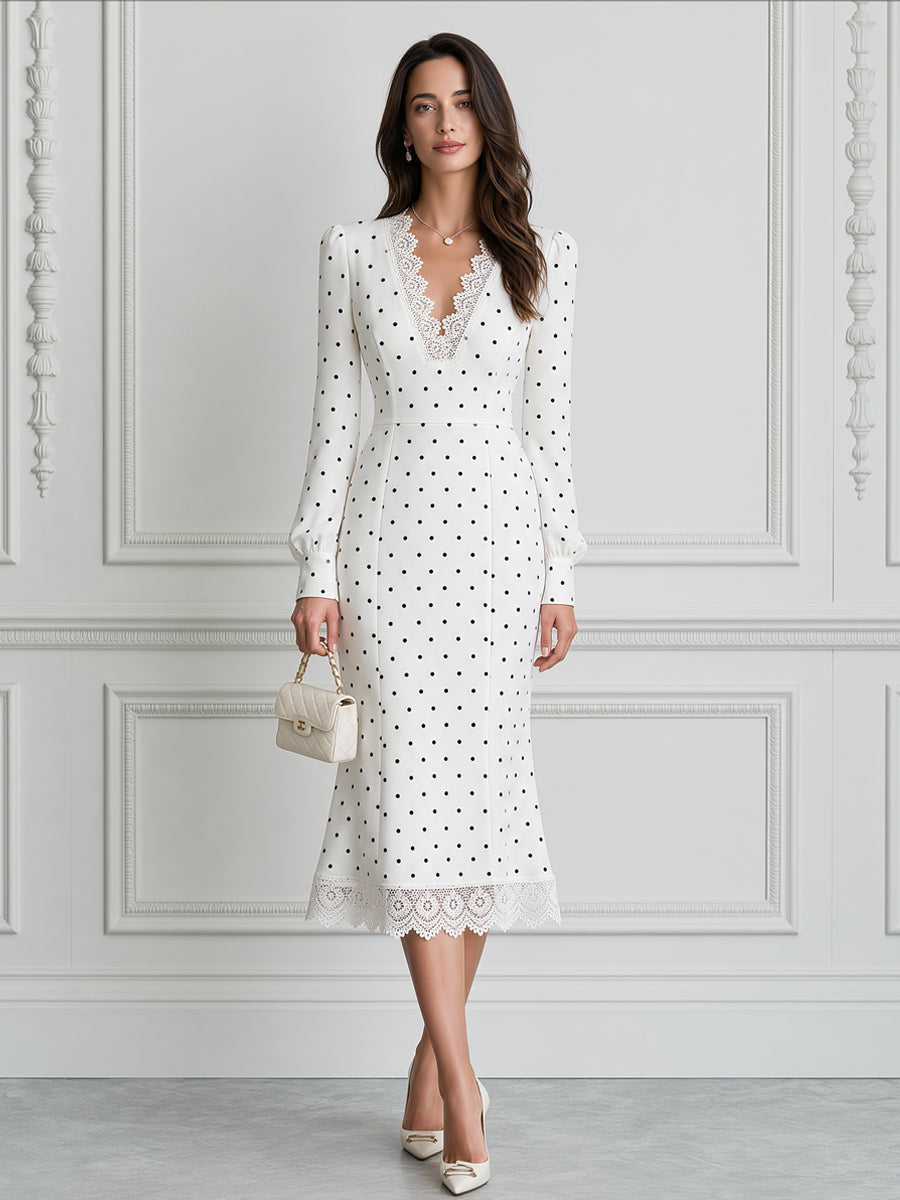 White V-Neck Polka Dot Lace-Trim Mermaid Midi Dress