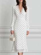 White V-Neck Polka Dot Lace-Trim Mermaid Midi Dress