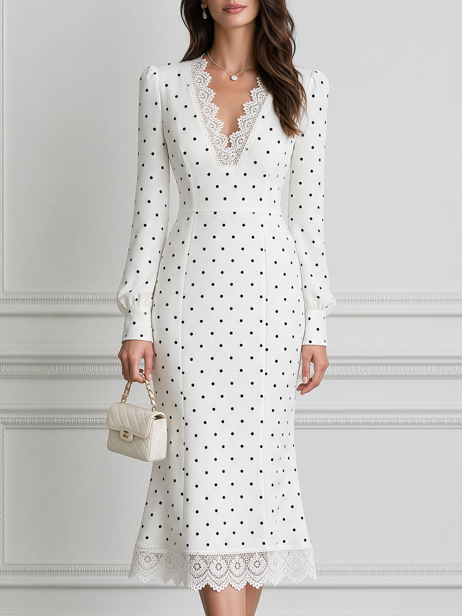 White V-Neck Polka Dot Lace-Trim Mermaid Midi Dress