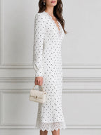 White V-Neck Polka Dot Lace-Trim Mermaid Midi Dress