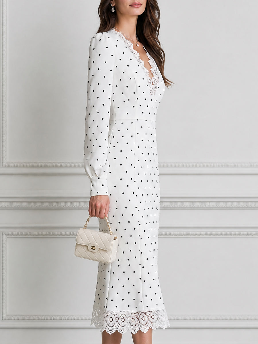 White V-Neck Polka Dot Lace-Trim Mermaid Midi Dress