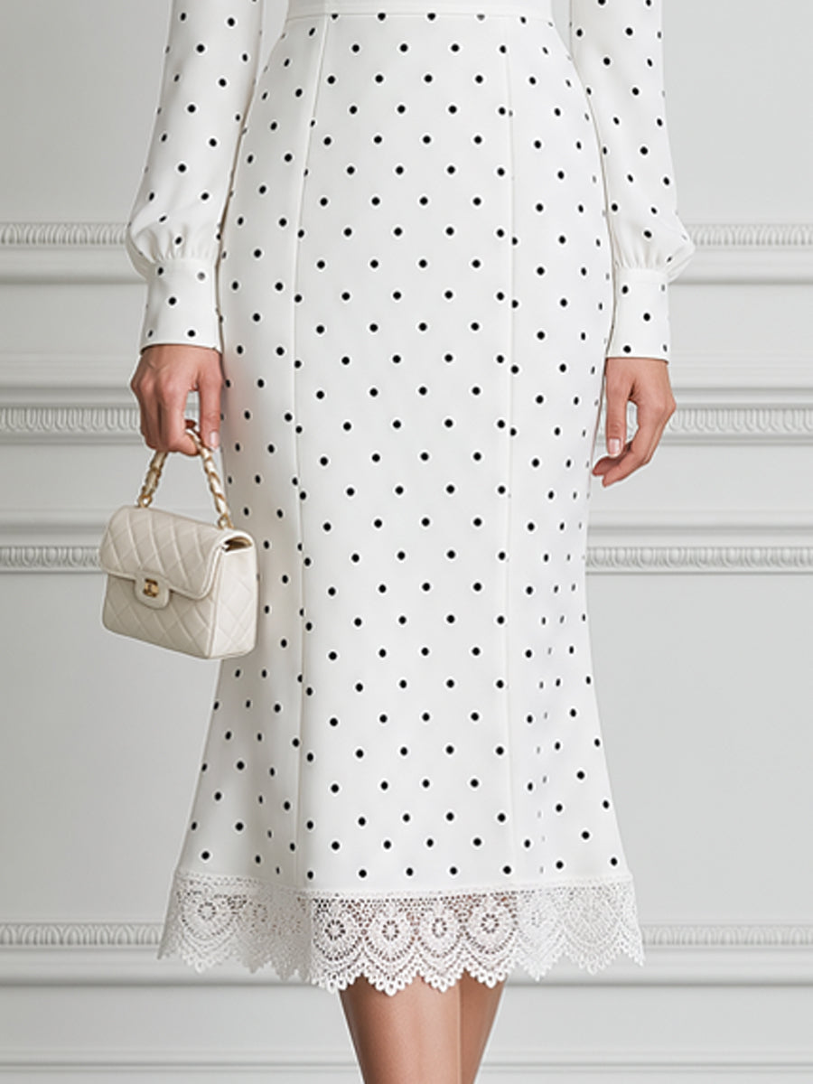 White V-Neck Polka Dot Lace-Trim Mermaid Midi Dress