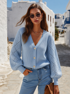 Sky Blue Pointelle Balloon Sleeve Button-Front Lightweight Resort Knit Cardigan