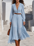 Powder Blue Ruffle-Trim Deep V Drawstring Waist Tiered Flowing Maxi Dress
