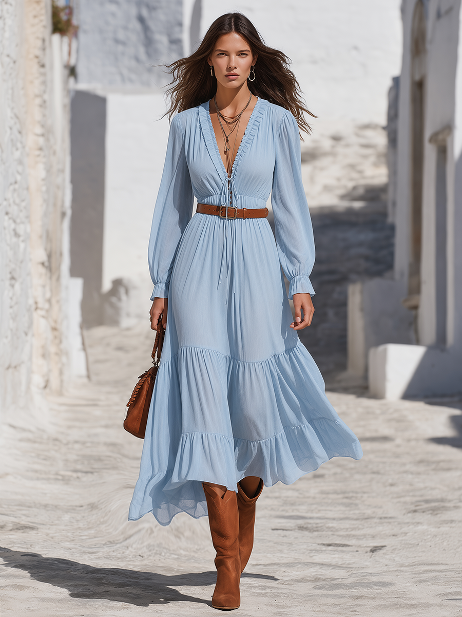 Powder Blue Ruffle-Trim Deep V Drawstring Waist Tiered Flowing Maxi Dress