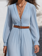 Powder Blue Ruffle-Trim Deep V Drawstring Waist Tiered Flowing Maxi Dress