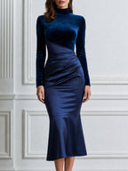 Velvet Splice Satin Mock Neck Ruched Mermaid Midi Dress