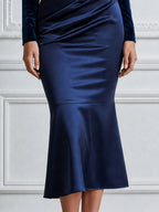 Velvet Splice Satin Mock Neck Ruched Mermaid Midi Dress