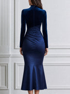 Velvet Splice Satin Mock Neck Ruched Mermaid Midi Dress