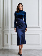 Velvet Splice Satin Mock Neck Ruched Mermaid Midi Dress