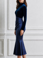 Velvet Splice Satin Mock Neck Ruched Mermaid Midi Dress