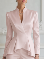 Blush Pink Fall Fashion Stand Collar Asymmetric Peplum Blazer Top