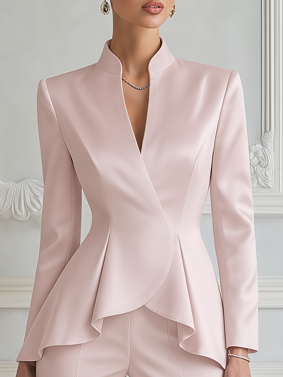 Blush Pink Fall Fashion Stand Collar Asymmetric Peplum Blazer Top