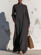 Dark Grey Contrast Red Piping Long Sleeve Maxi Sweatshirt Dress, Loose Mock Neck Kaftan Dress With Side Pockets