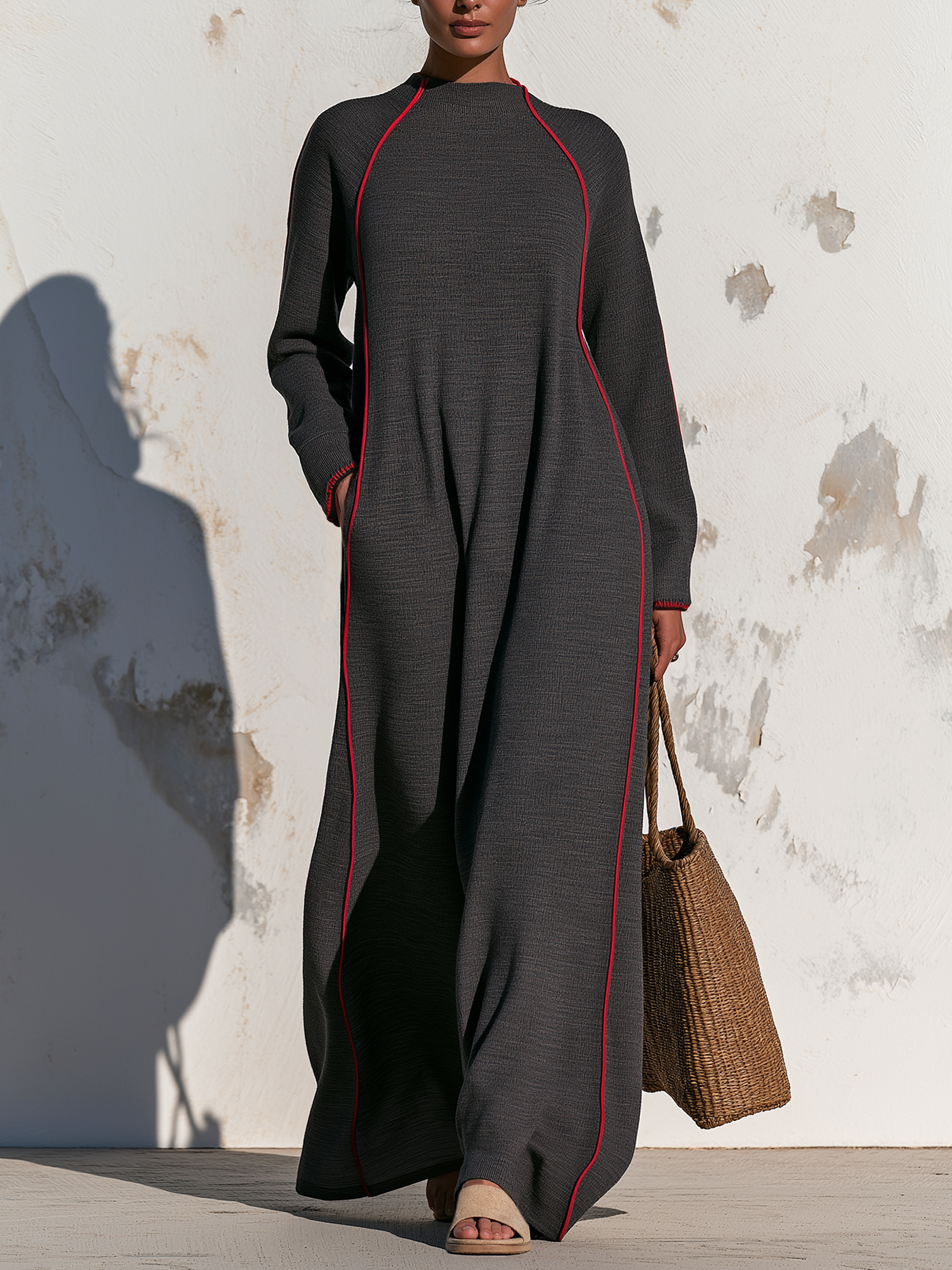 Dark Grey Contrast Red Piping Long Sleeve Maxi Sweatshirt Dress, Loose Mock Neck Kaftan Dress With Side Pockets