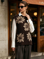 2 Piece Set Floral Knit Vest & Long Sleeve White Shirt Outfit