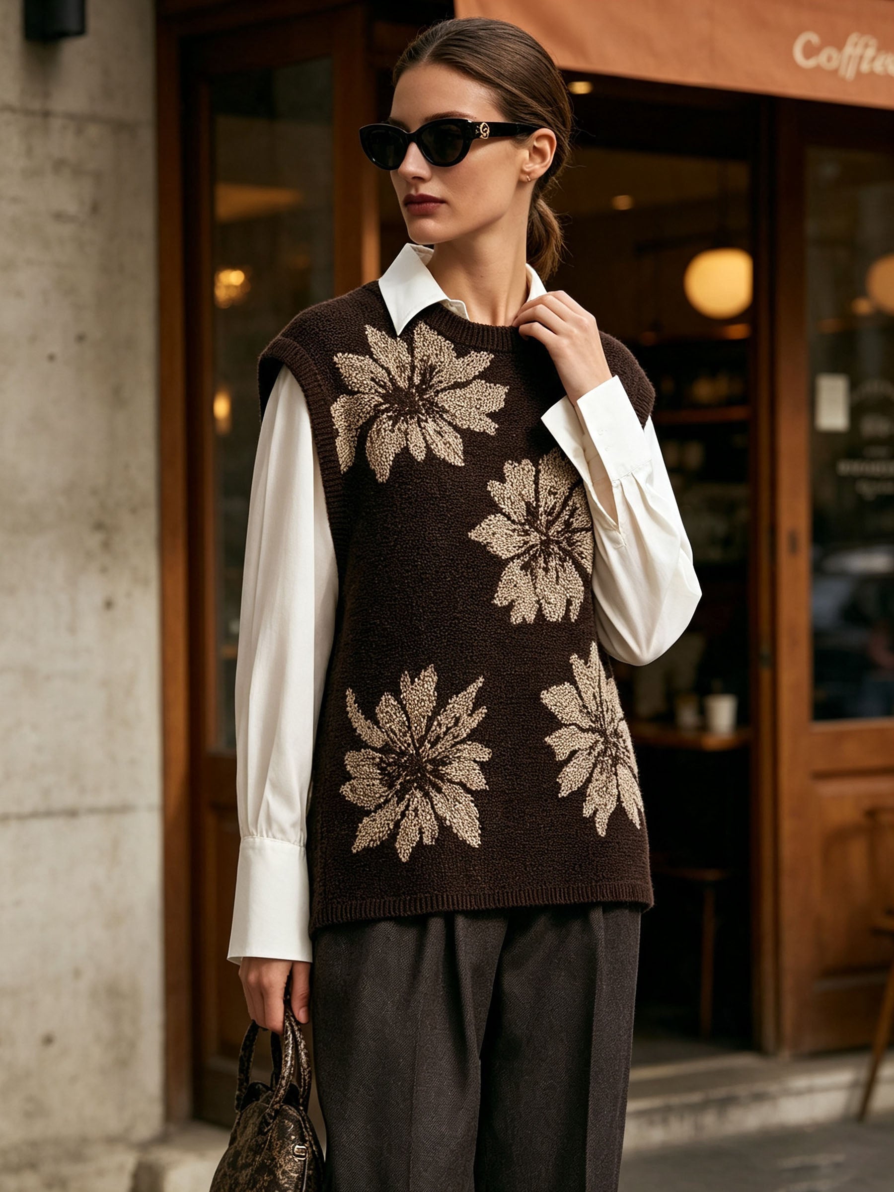 2 Piece Set Floral Knit Vest & Long Sleeve White Shirt Outfit