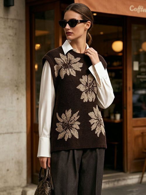 2 Piece Set Floral Knit Vest & Long Sleeve White Shirt Outfit