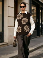 2 Piece Set Floral Knit Vest & Long Sleeve White Shirt Outfit