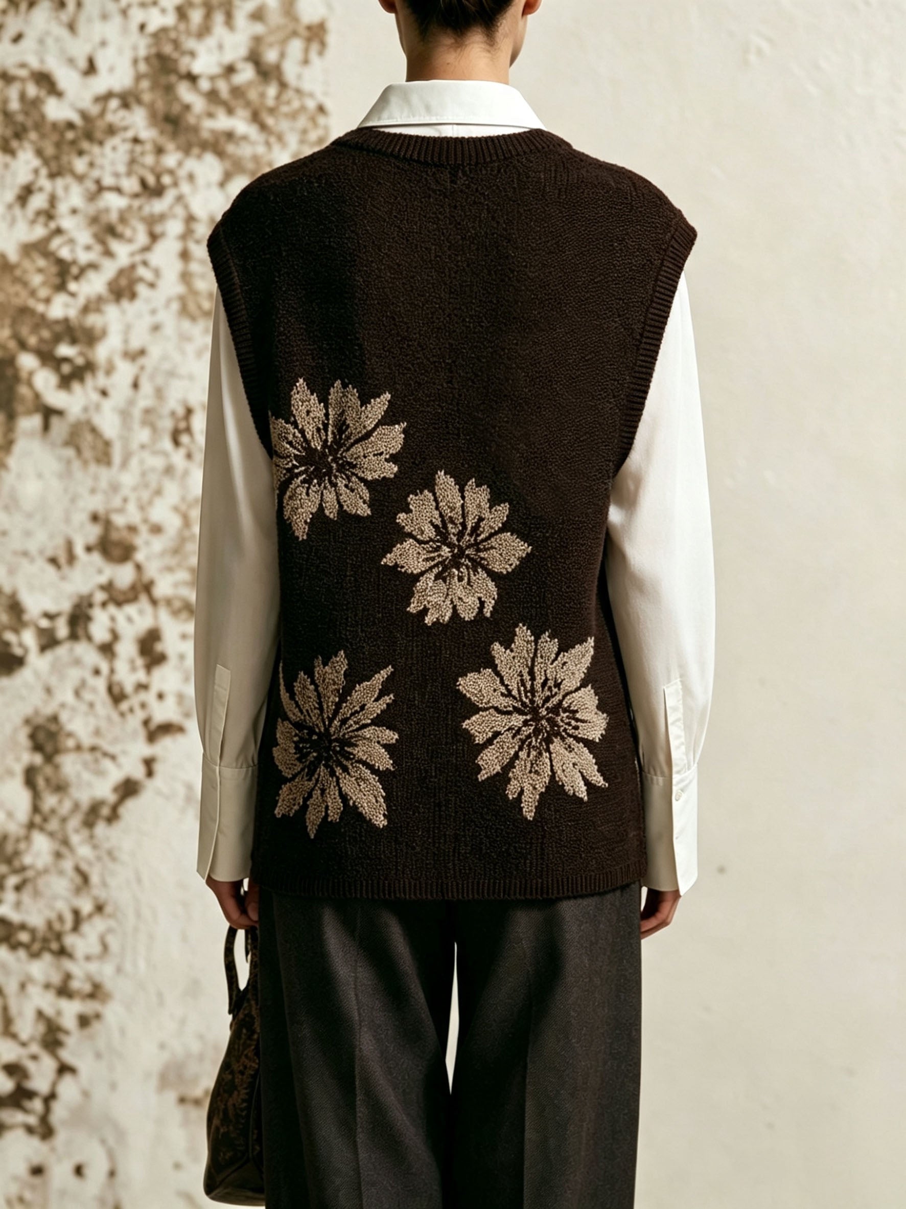 2 Piece Set Floral Knit Vest & Long Sleeve White Shirt Outfit