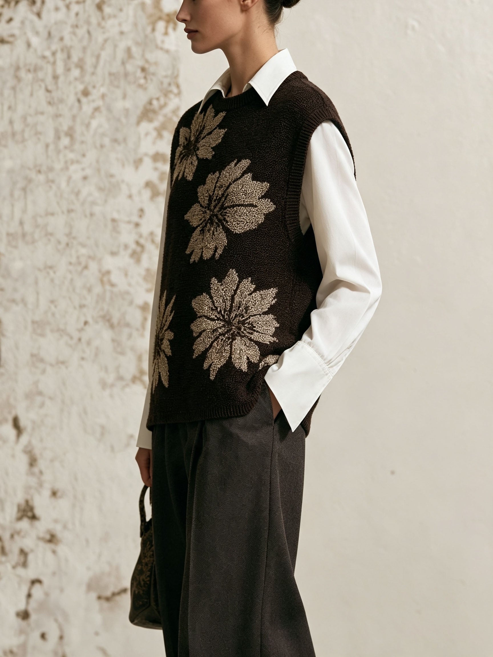 2 Piece Set Floral Knit Vest & Long Sleeve White Shirt Outfit
