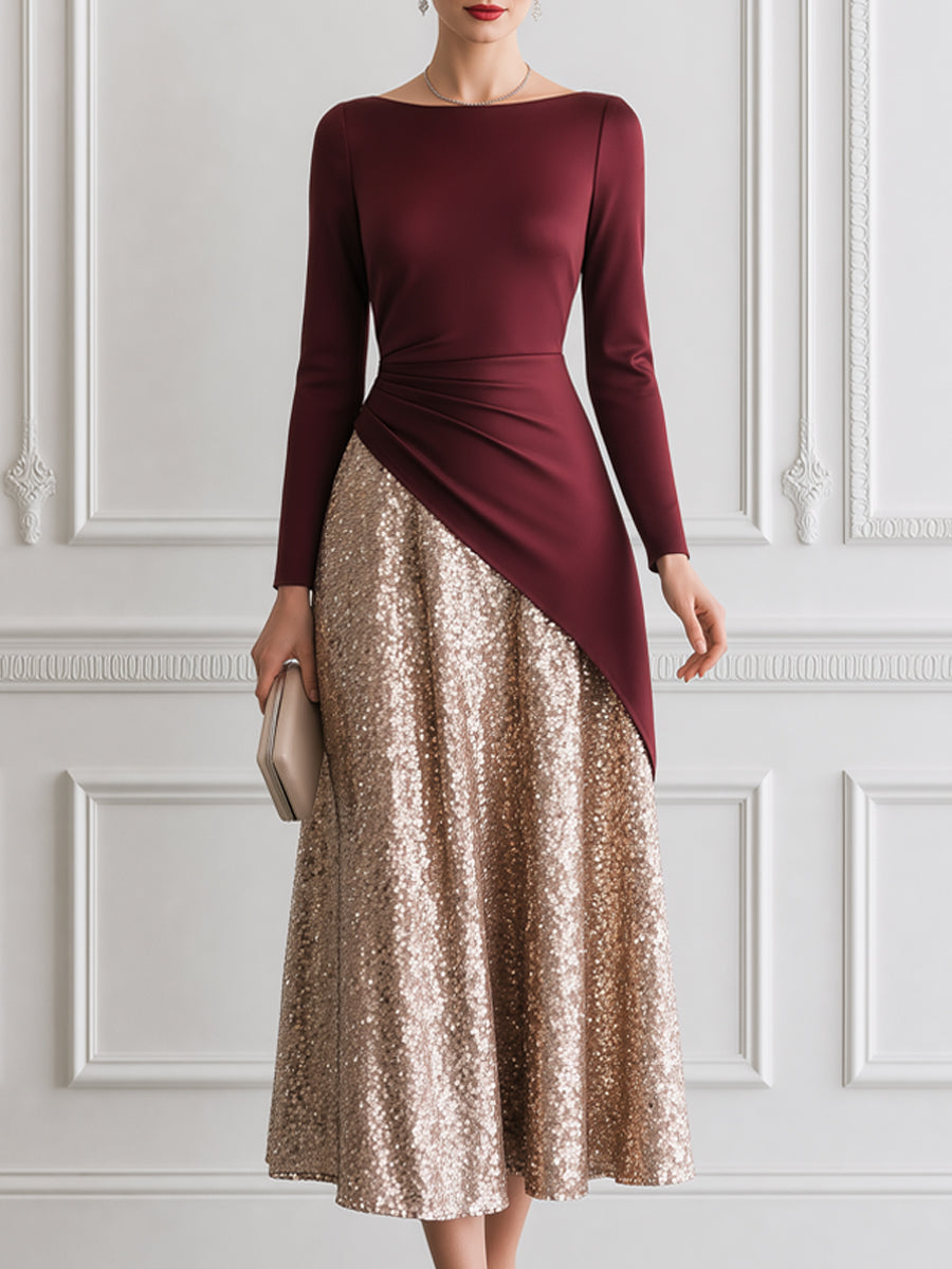 Elegant Draped Bodice Color-Block Sequin Midi Dress