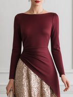 Elegant Draped Bodice Color-Block Sequin Midi Dress
