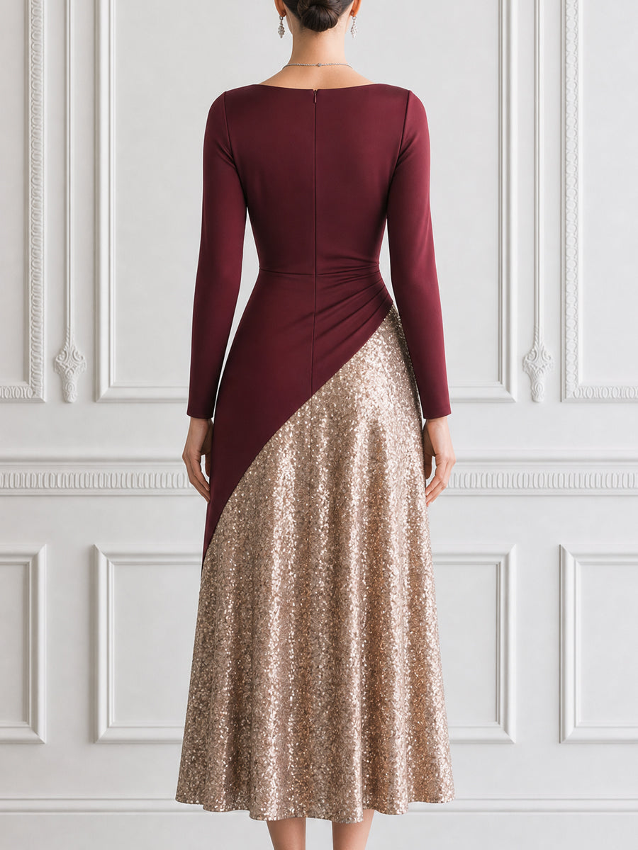 Elegant Draped Bodice Color-Block Sequin Midi Dress